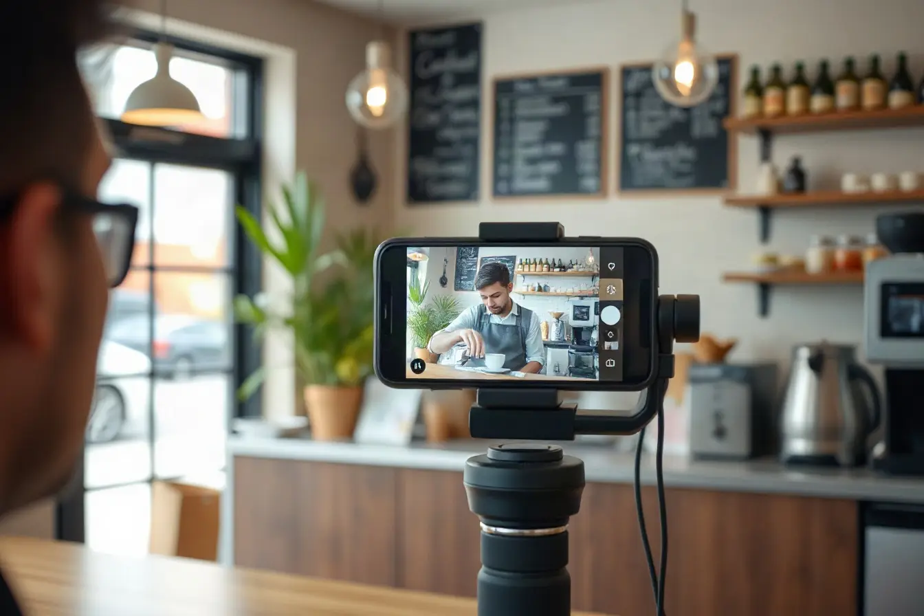 A videographer filming a barista making coffee with a phone on a gimbal