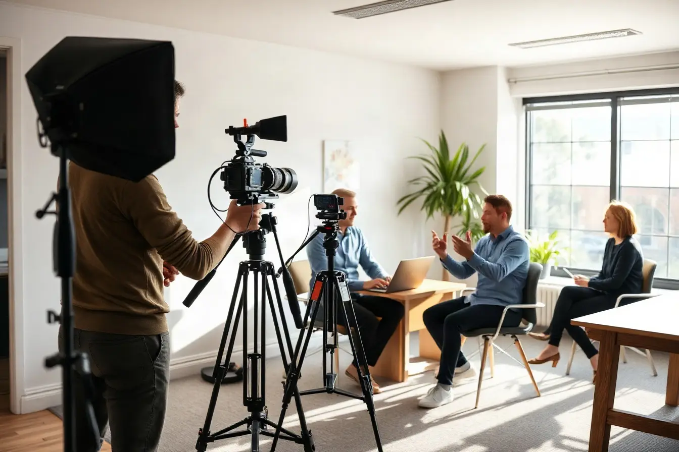 Small video crew filming a client interview in a Manchester office