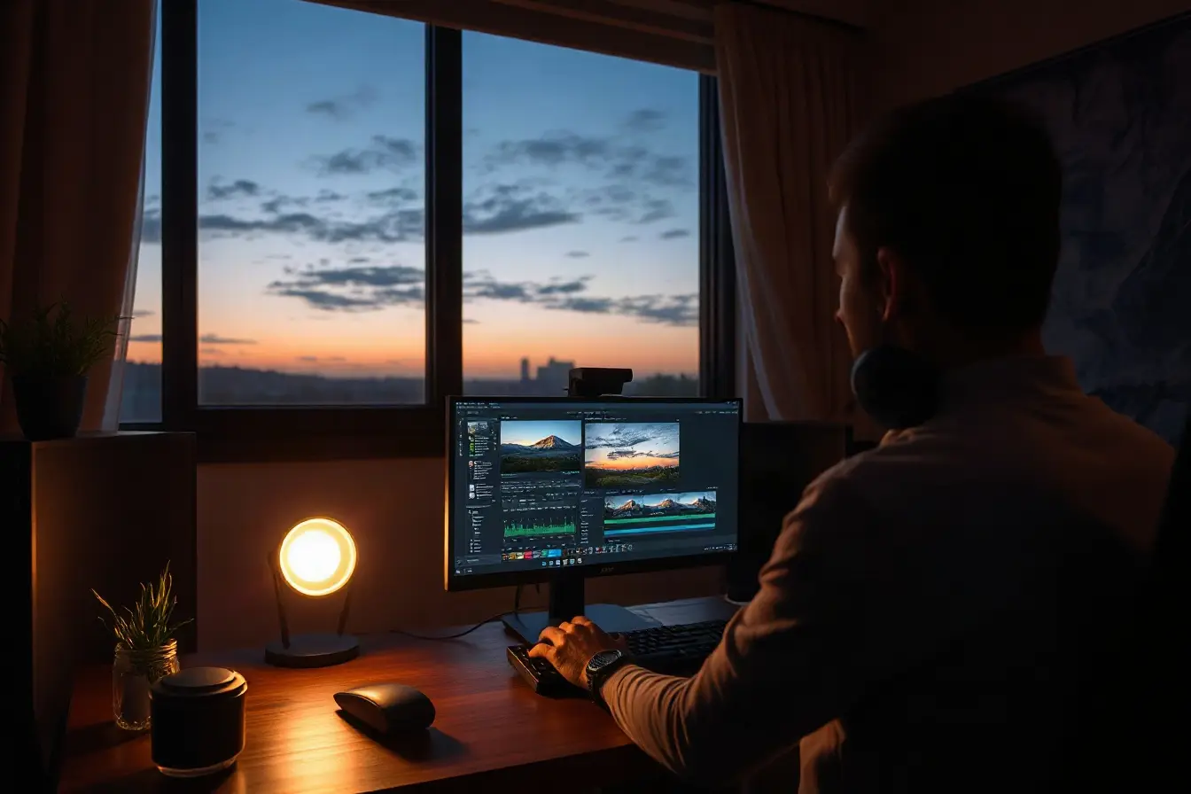 Professional video editing suite at dusk