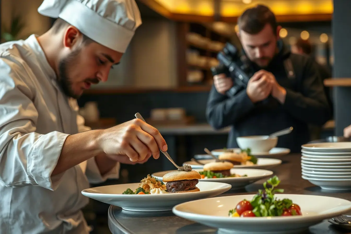 Chef plating a dish while a videographer films a close-up
